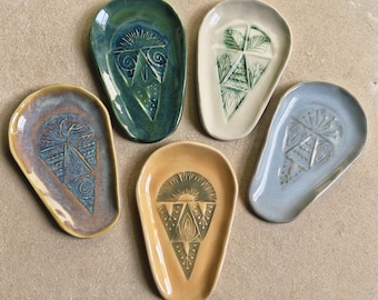 Ceramic Glazed Spoon Rest - Herb garden inspired - Handmade Stoneware Clay