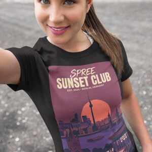 Berlin Spree Sunset Club Poster T-Shirt | Berlin Skyline Sunset Tee