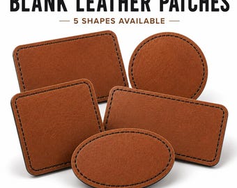 Könnte beinhalten: Fünf leere braune Lederaufnäher in verschiedenen Formen wie rechteckig, quadratisch, kreisförmig und oval, jeweils mit einem dunkelbraunen genähten Rand. Der Text BLANK LEATHER PATCHES und 5 SHAPES AVAILABLE steht oben im Bild.