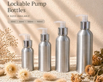 Botella con dosificador de aluminio cepillado / Dispensador recargable de loción y jabón / Dosificador con cierre de seguridad / 30 ml 50 ml 100 ml 150 ml