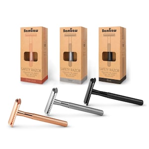 Long handled brass safety razor with extra stainless steel blades - superb quality natural shave, zero waste, perfect unisex gift