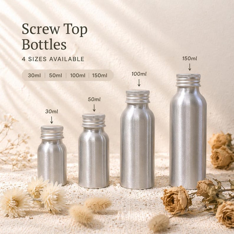 May include: Four silver screw-top bottles of varying sizes: 30ml, 50ml, 100ml, and 150ml. The bottles are arranged in a row, with the sizes labeled above each. The text "Screw Top Bottles" and "4 SIZES AVAILABLE" are at the top.