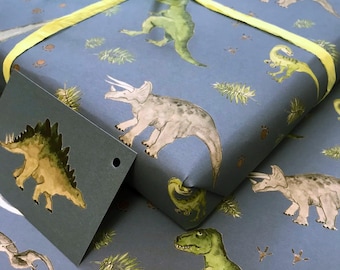 Children's Dinosaur Wrapping Paper: Eco-Friendly Recycled Gift Wrap with Matching Tags (50 x 70cm)