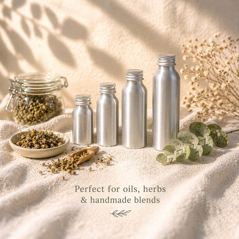 May include: Four silver aluminum bottles of varying sizes are arranged on a textured surface, with a small bowl of herbs and a glass jar in the background. The image includes the text "Perfect for oils, herbs & handmade blends."