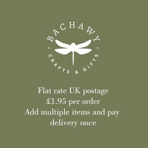 May include: Olive green background with the white text "BACHAWY CRAFTS & GIFTS" in a circular design, featuring a dragonfly. Below, text reads "Flat rate UK postage" and "Add multiple items and pay delivery once."