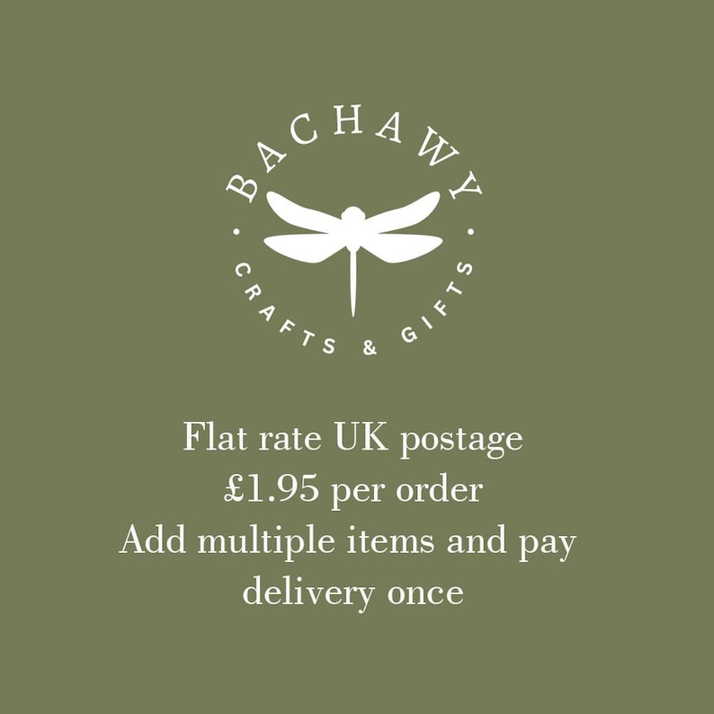 May include: Olive green background with the white text "BACHAWY CRAFTS & GIFTS" in a circular design, featuring a dragonfly. Below, text reads "Flat rate UK postage" and "Add multiple items and pay delivery once."