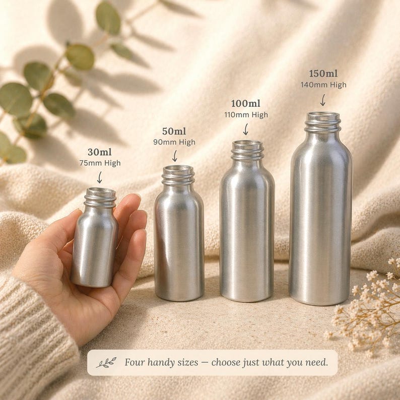 May include: Four silver-colored aluminum bottles of varying sizes: 30ml (75mm high), 50ml (90mm high), 100ml (110mm high), and 150ml (140mm high). The bottles are displayed on a neutral background. Text reads: "Four handy sizes - choose just what you need."