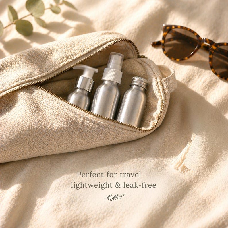 May include: A beige travel pouch with a gold zipper holds three silver bottles: a pump bottle, a spray bottle, and a small bottle with a screw-on cap. Tortoiseshell sunglasses rest nearby. The text reads: "Perfect for travel - lightweight & leak-free."