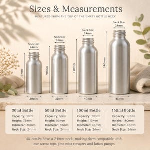 May include: A product image showcasing four silver aluminum bottles of varying sizes, labeled 30ml, 50ml, 100ml, and 150ml. Measurements are provided in millimeters, with heights ranging from 75mm to 140mm and diameters from 30mm to 45mm. The text states all bottles have a 24mm neck.