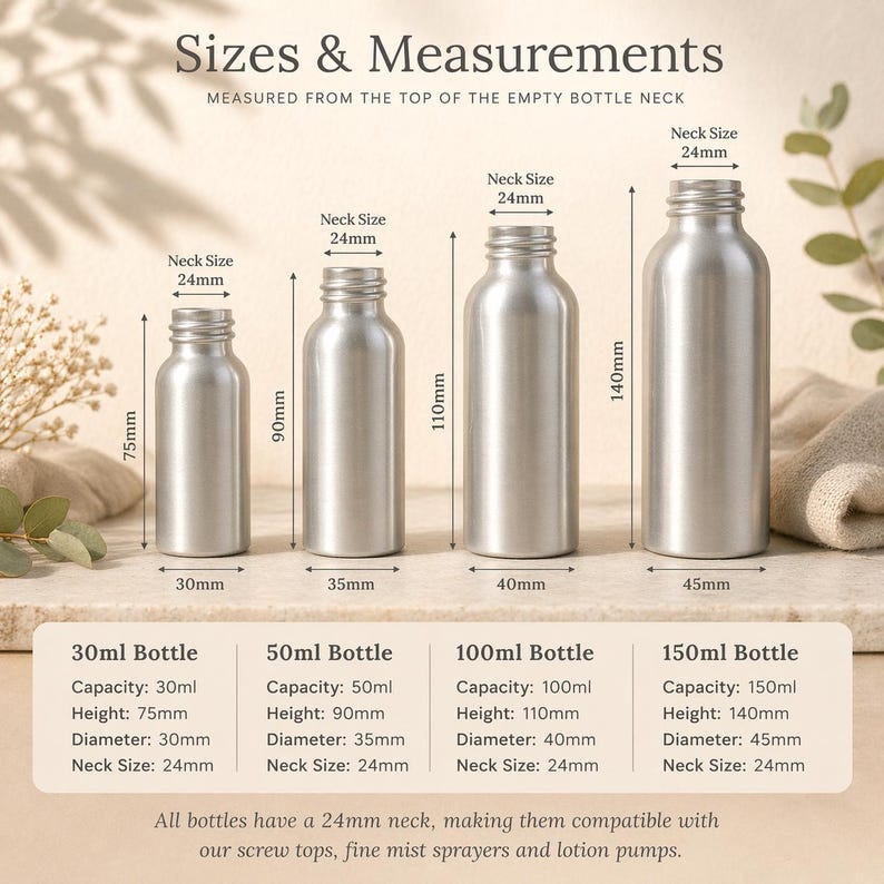 May include: A product image showcasing four silver aluminum bottles of varying sizes, labeled 30ml, 50ml, 100ml, and 150ml. Measurements are provided in millimeters, with heights ranging from 75mm to 140mm and diameters from 30mm to 45mm. The text states all bottles have a 24mm neck.