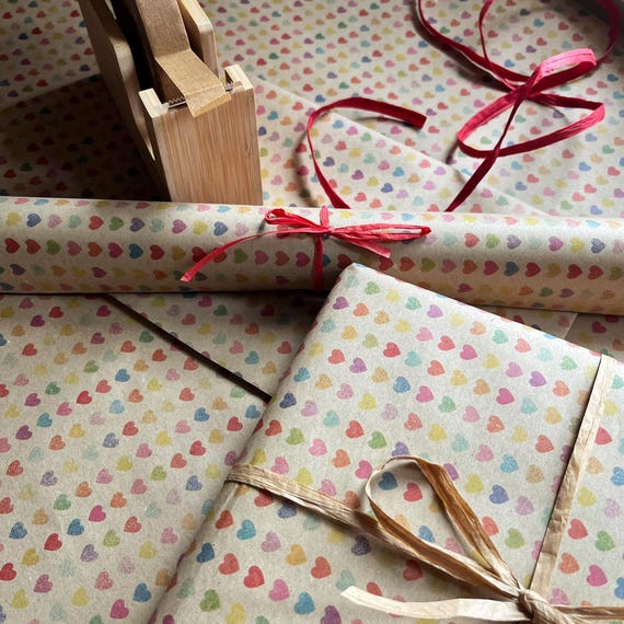 Kraft Heart Wrapping Paper, Eco Recycled Gift Wrap, Colourful Heart Pattern, Sustainable Wrapping Paper by the Sheet or Roll
