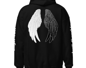 Sudadera con capucha de alas de ángel en blanco y negro / Diseño de temática de ángel contra demonio / Sudadera con capucha de alas de ángel / Sudadera con capucha de alas de demonio / Sudadera con capucha con diseño en la espalda