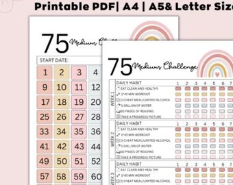 Seguimiento del reto de pérdida de peso de 75 días / Seguimiento de pérdida de peso en PDF imprimible / Planificador de comidas imprimible para fitness