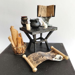 Miniature Witch Room Table Set & Witchcraft Tools Dollhouse, Diorama Decor for Halloween, 3D printed Set 1