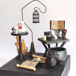 Miniature Witch Room Table Set & Witchcraft Tools Dollhouse, Diorama Decor for Halloween, 3D printed image 2