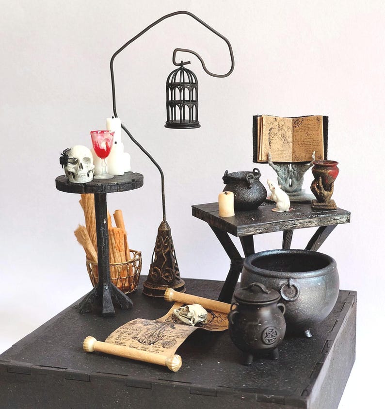Miniature Witch Room Table Set & Witchcraft Tools Dollhouse, Diorama Decor for Halloween, 3D printed image 2