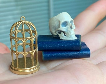 Miniature Dollhouse Coffee Table Decor Set, Books, Skull and Gold Wire Cage