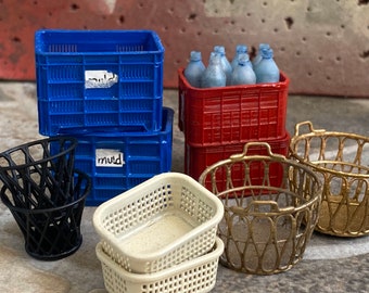 Miniature Dollhouse Crates & Basket Set