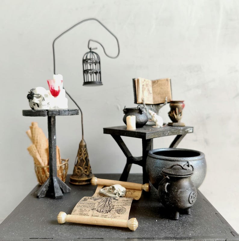 Miniature Witch Room Table Set & Witchcraft Tools Dollhouse, Diorama Decor for Halloween, 3D printed image 9