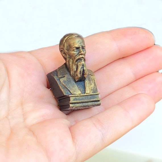 Miniature  Bronze Bust of Fyodor Dostoyevsky is Mounted on a Pedestal of Books (3D Printed)