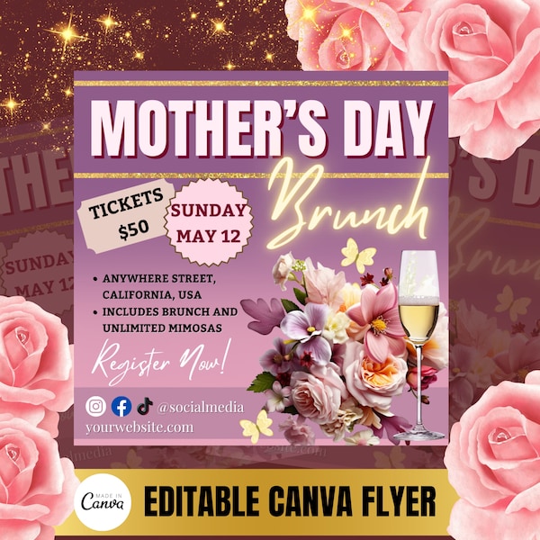 Mothers Day Flyer Editable Canva Template Mothers day brunch Social Media Post