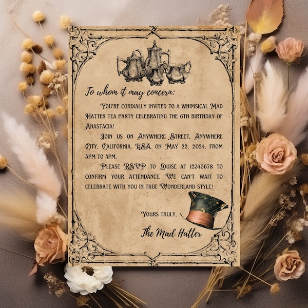 Mad Hatter Invitation Template Alice in Wonderland Invite Canva Editable