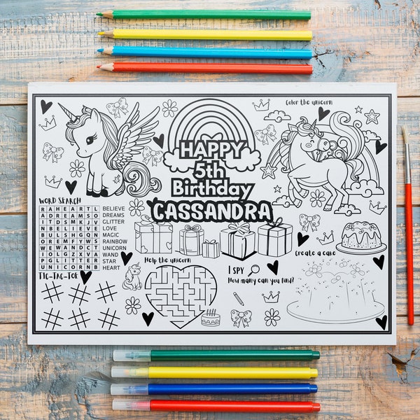 Unicorn Party Favors Birthday Party Personalized Activity Mat Coloring Sheet