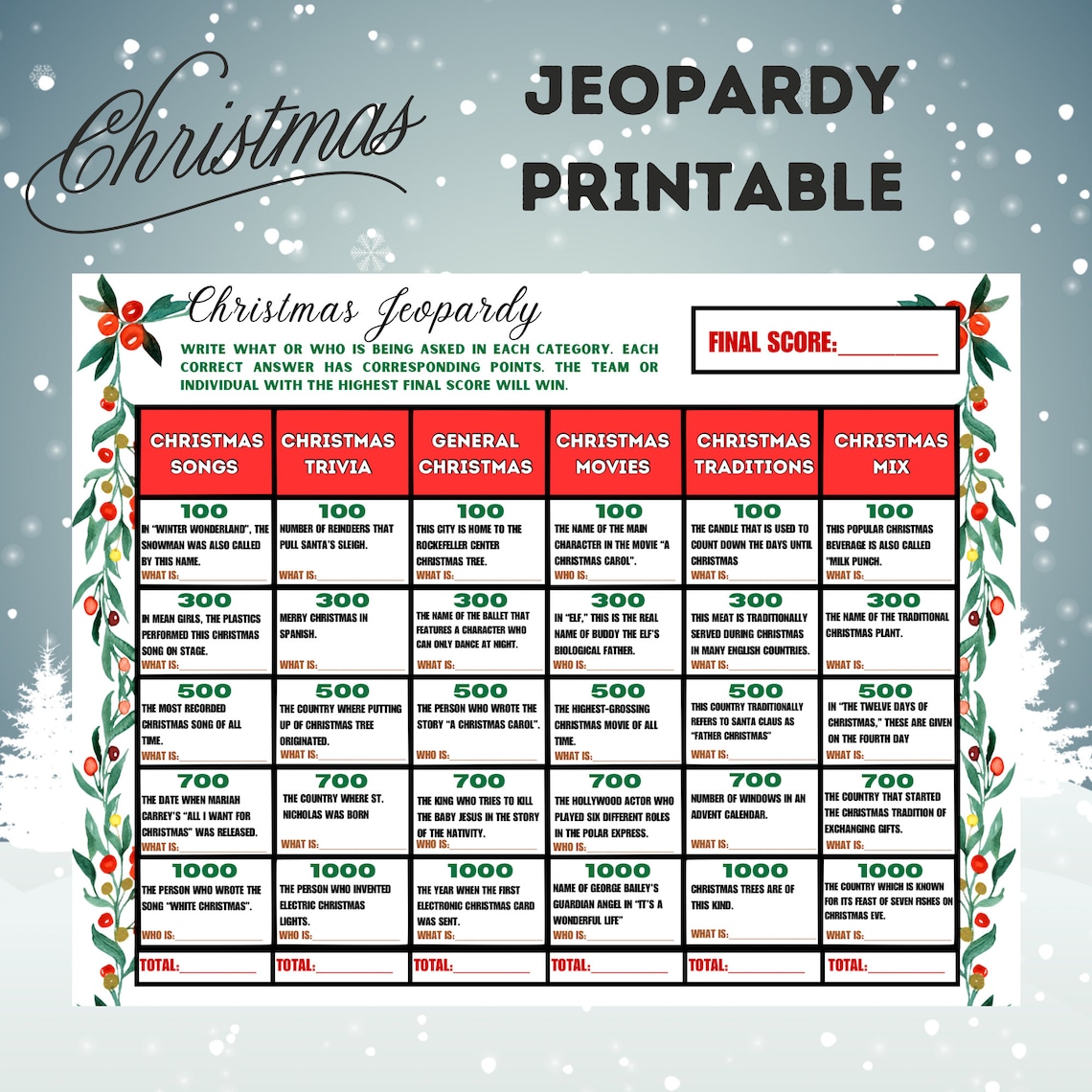 Christmas Jeopardy Printable Instant Download, Christmas Family Games Christmas Jeopardy Printable Instant Download, Christmas Family Games