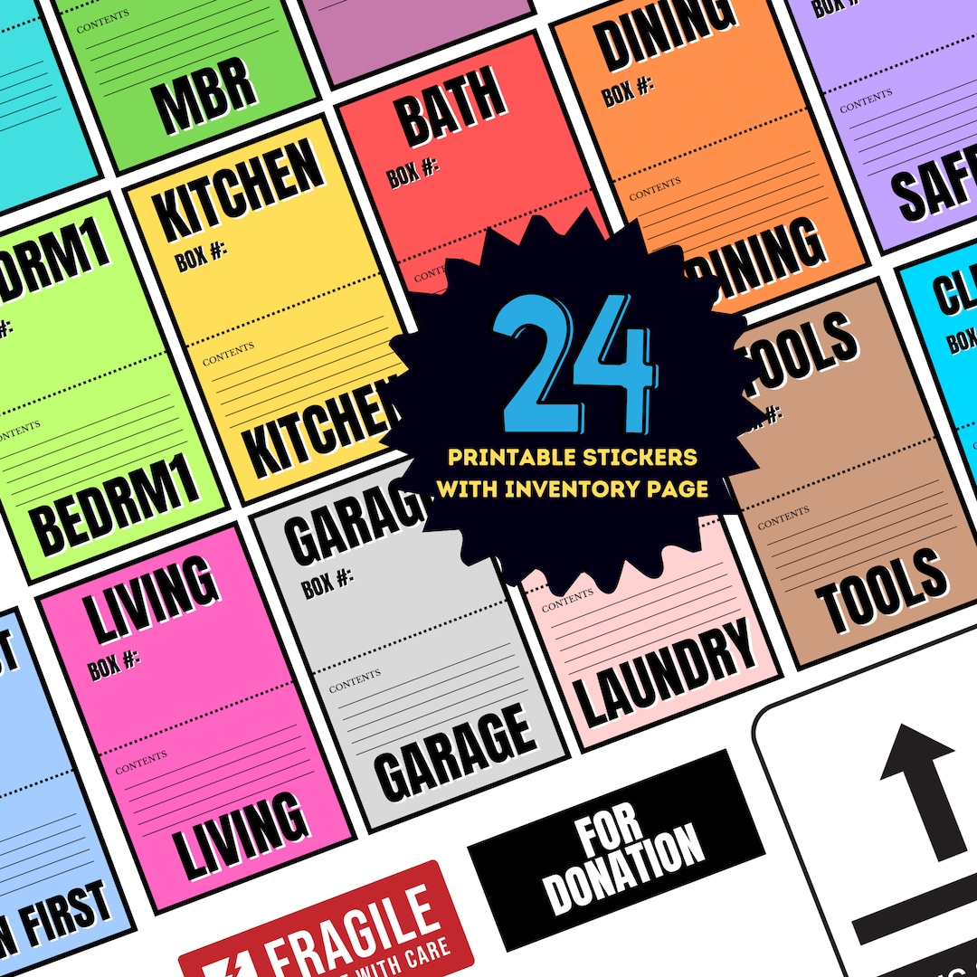 Moving Box Labels Printable Stickers Color Coded Stickers With Labels ...