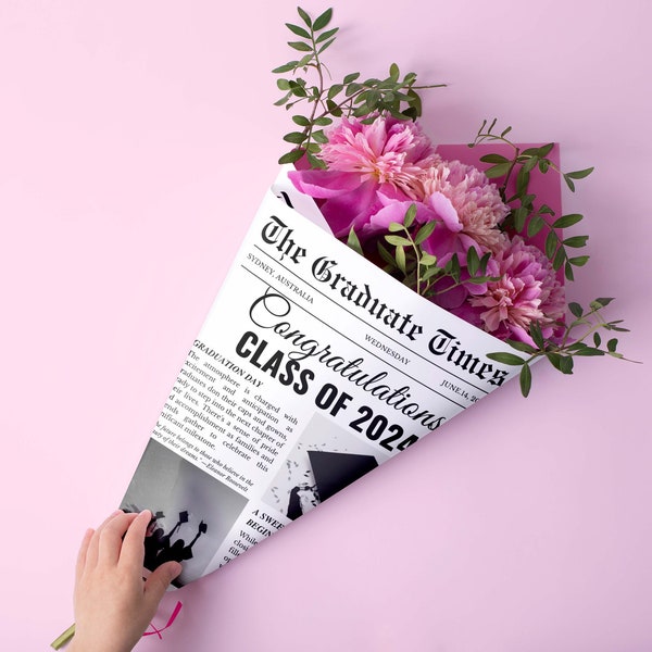 Graduation newspaper bouquet wrap template Editable canva template Instant download