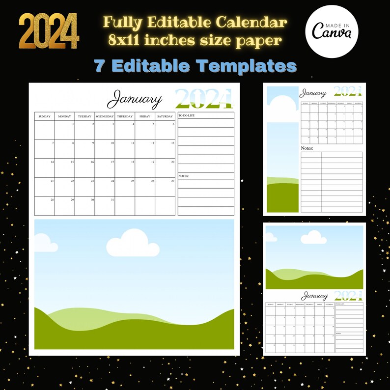 Calendario con fotos 2024 Plantilla de calendario editable Plantilla