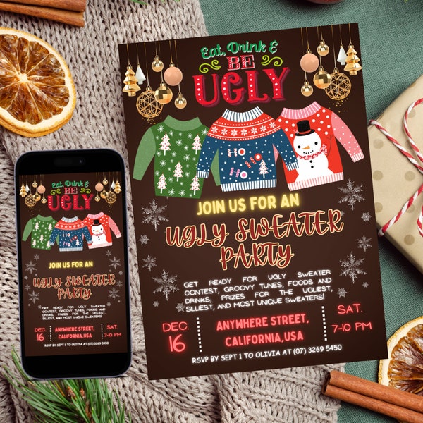 Bearbeitbare Ugly Christmas Sweater Party Einladung, Ugly Sweater Christmas Party, Instant Download