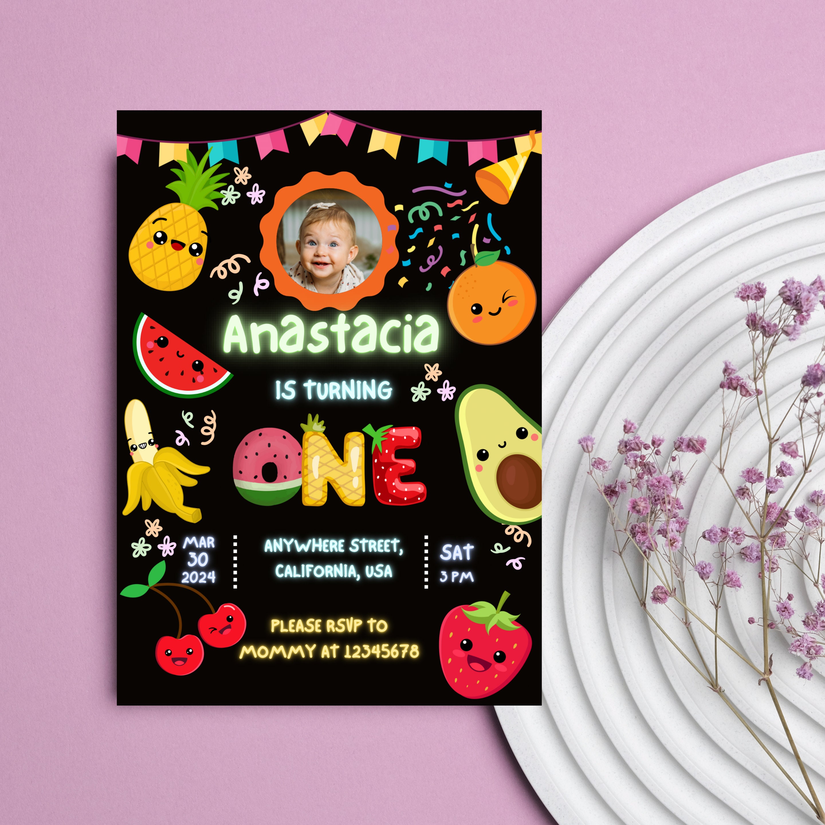 Dancing Fruits Birthday Invitation Template Kawaii Fruits Party