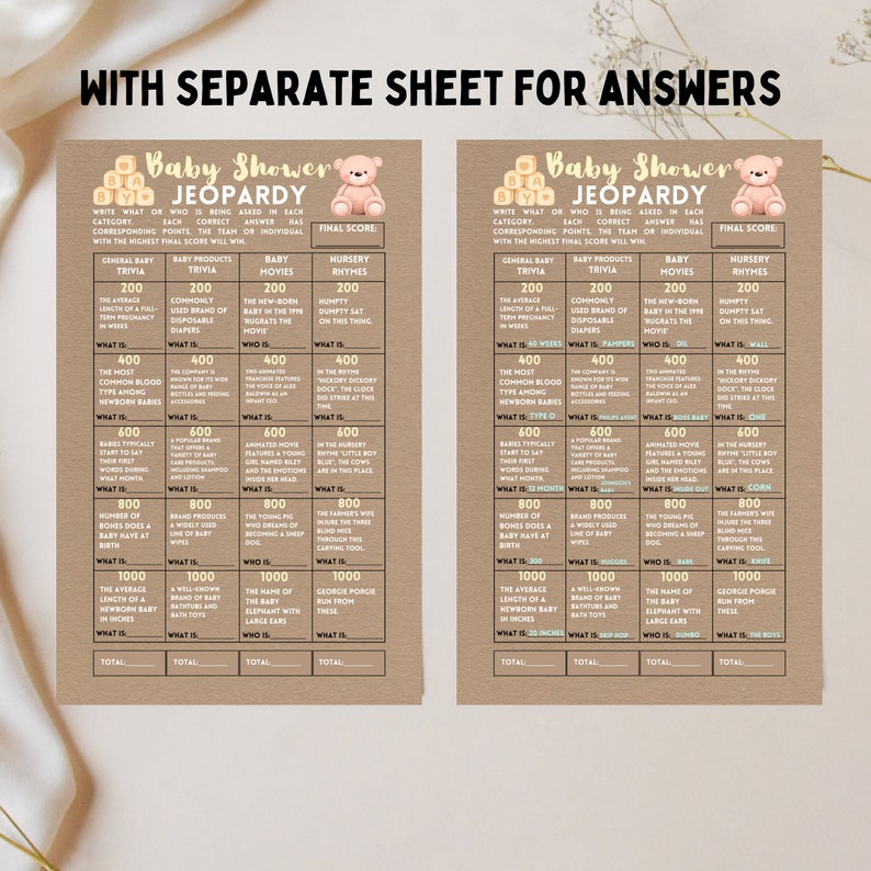 Baby Shower Jeopardy With Answer Sheet Instant Download Printable Baby