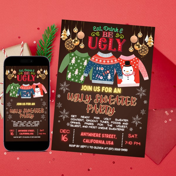 Editable Ugly Christmas Sweater Party Invitation, Ugly Sweater Christmas Party, Instant Download