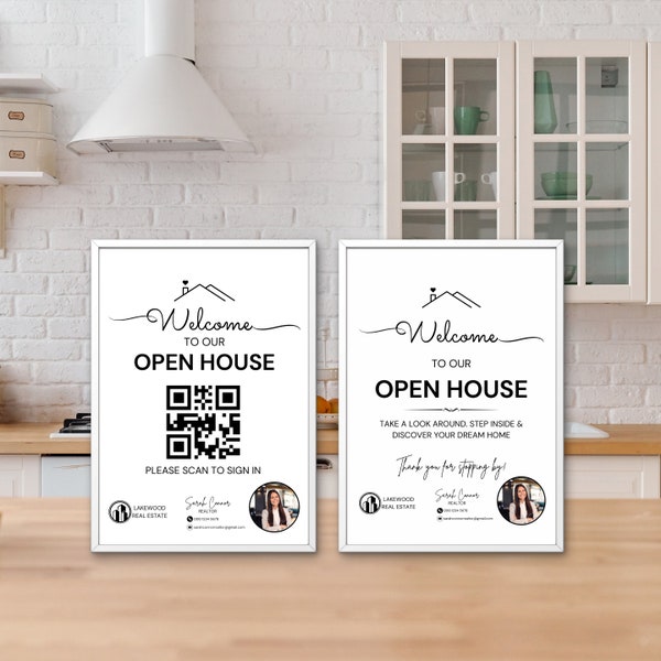 Modèle de plaque de bienvenue portes ouvertes avec code QR Panneaux immobiliers modifiables Canva Marketing pour agents immobiliers