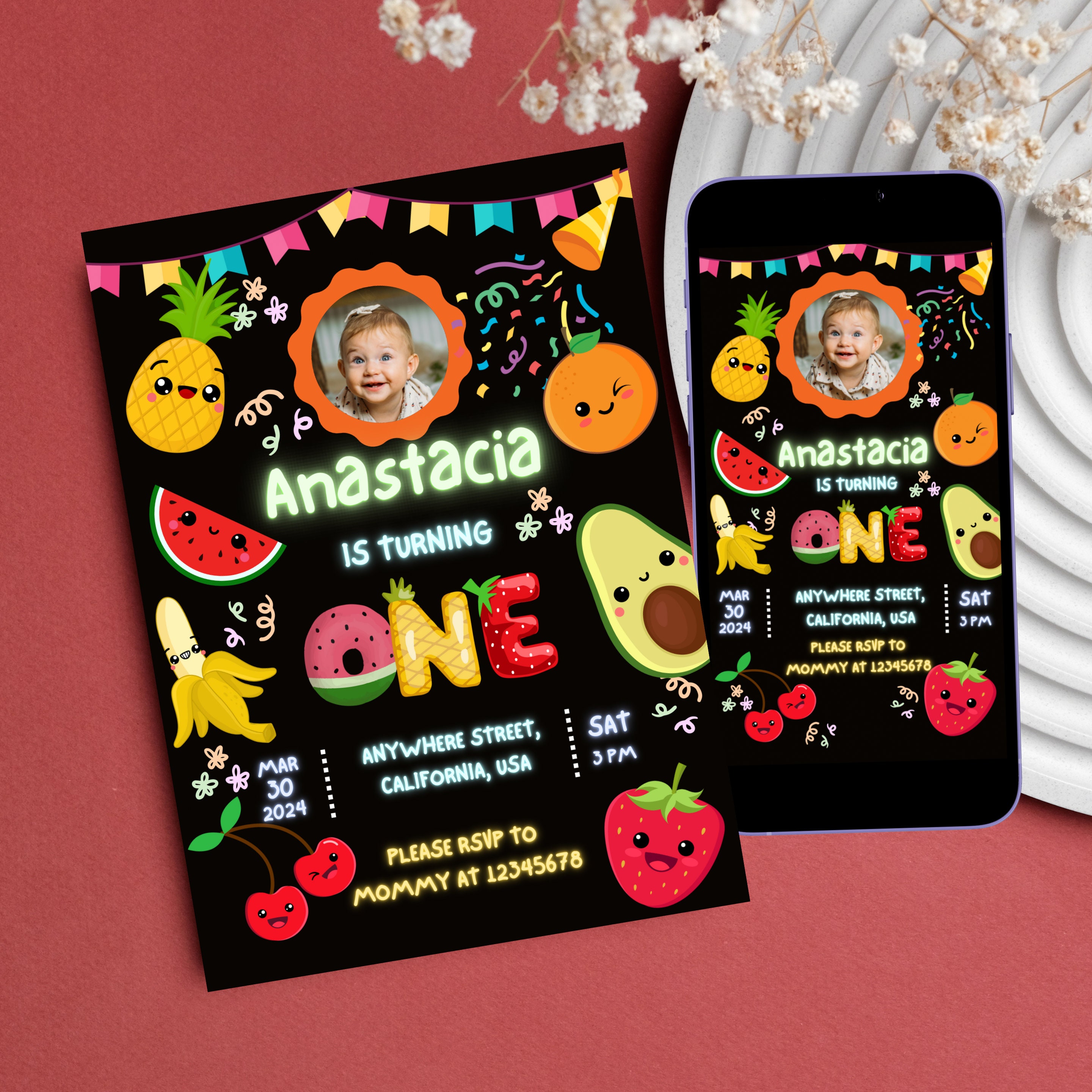 Dancing Fruits Birthday Invitation Template Kawaii Fruits Party