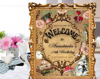 Alice in Wonderland Party Decoration Custom Welcome Sign Personalized Bday Supplies