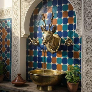 May include: A bathroom sink featuring a brass deer head tap. The sink is a large, round brass bowl. The wall behind the sink is tiled with blue, orange, and teal square tiles. The sink is in a bathroom with ornate white trim.