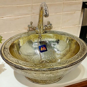 Handmade Moroccan Engraved Brass Sink with Vintage Faucet – Luxury Yellow Copper Vanity Basin – Free Shipping & Gift Included