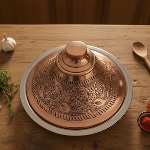 Tajín marroquí de cobre hecho a mano, utensilios de cocina con motivos florales martillados