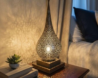 Brass Filigree Table Lamp, Moroccan Shadow Light, Boho Decor
