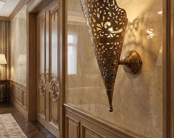 Handmade Moroccan Brass Wall Sconce - Gold Filigree Torch Lamp with Lacy Shadow Play