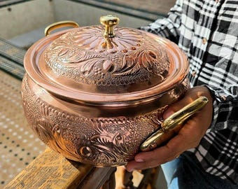銅鍋　槌目　大中小3個　入れ子　寸胴鍋　ビンテージ　プロ用 手作りの彫刻入り銅製調理鍋（蓋付き） – 槌目模様のモロッコ風