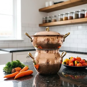 Cuscuzeira artesanal em cobre martelado - Autêntica panela marroquina para cozinhar a vapor - Panela tradicional de cozinha artesanal