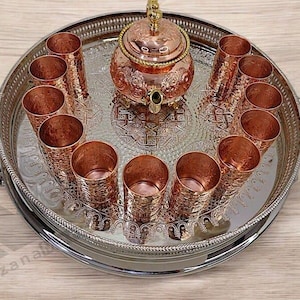 Moroccan Handmade Brass Tray Set with 12 Engraved Tea Glasses and Matching Brass Teapot – Traditional Tea Serving Set