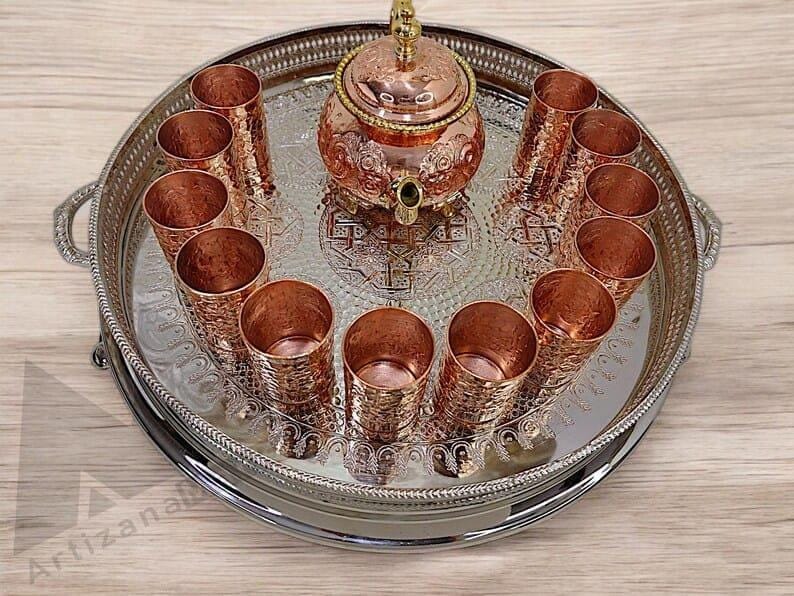 Moroccan Handmade Brass Tray Set With 12 Engraved Tea Glasses and
