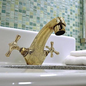 Antique Brass Bathroom Faucet – Elegant Vintage Sink Tap with Ornate Decorative Design, Handmade Moroccan Fixture, Dual Handle Mixer