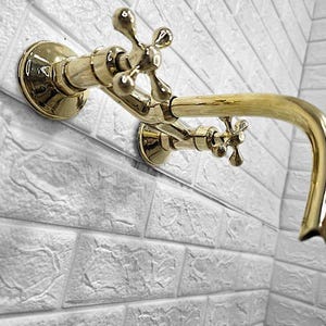 Handmade Brass Wall-Mounted Faucet – Vintage Moroccan Kitchen or Bathroom Tap – Traditional Antique-Style Sink Fixture