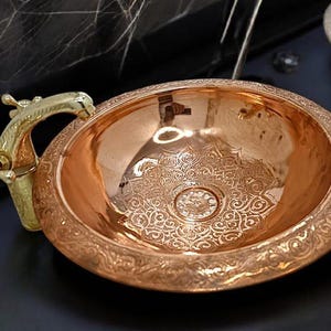 Moroccan Copper Sink | Handmade Bathroom Sink | Unique Countertop Sinks | Hammered Brass Faucet
